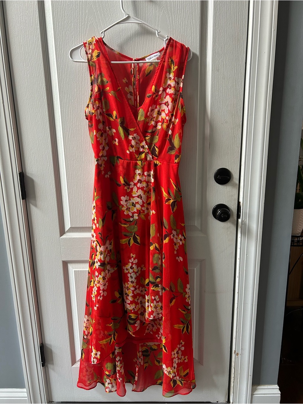 Calvin Klein Red Floral Midi Dress with V-Neck